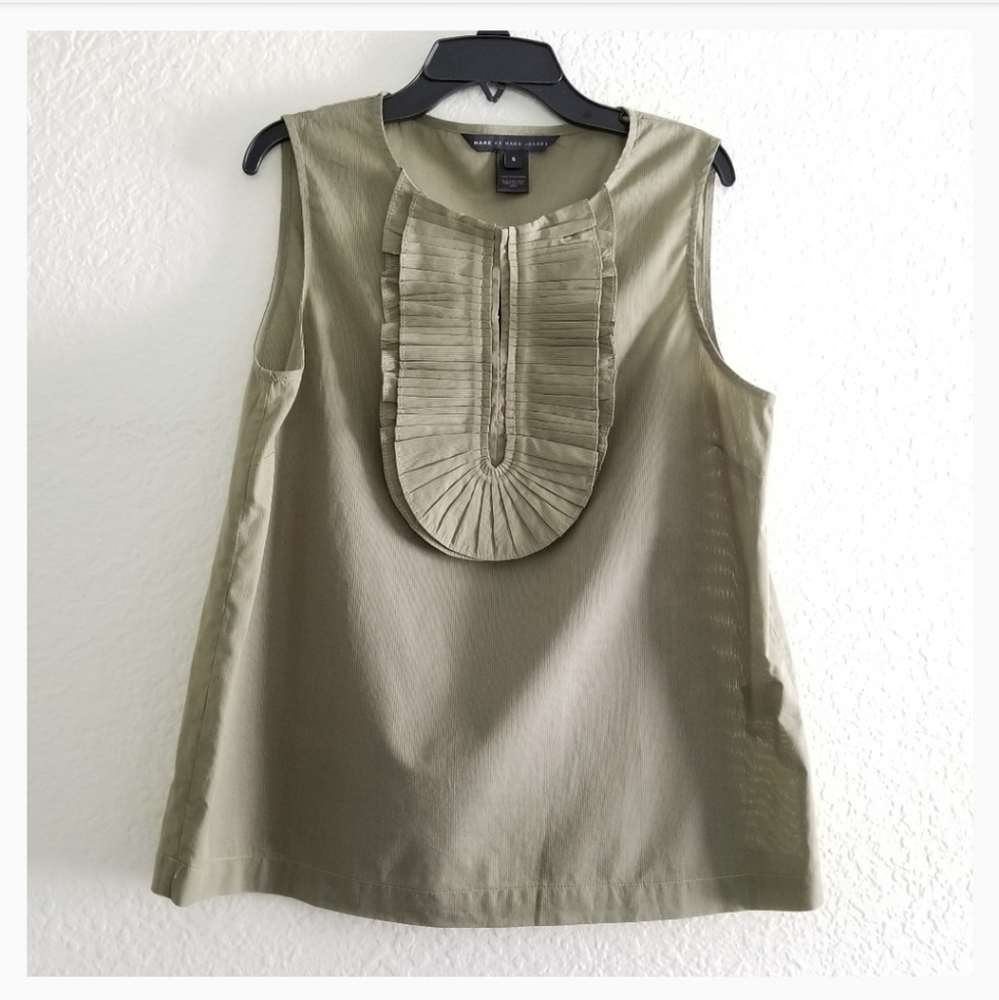 Marc Jacobs Round Neck Ruffle Folds Top Olive Green Military Size S Sma…